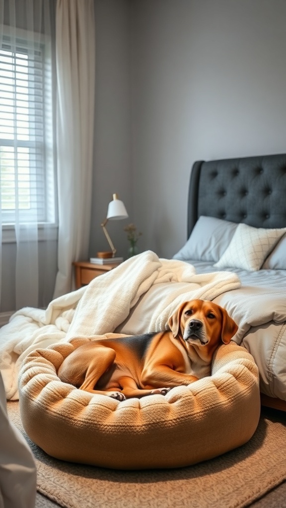 A dog resting comfortably in a cozy bed in a serene bedroom setting.