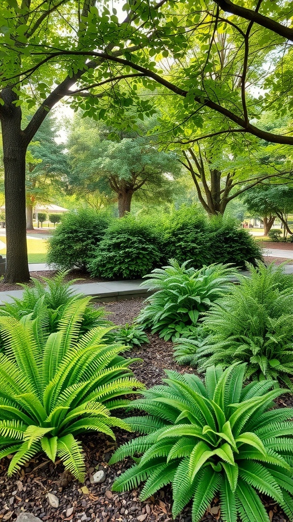 Lush shade garden bed with ferns and trees