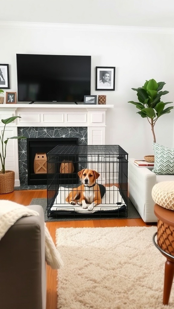A stylish DIY dog crate in a modern living room with a dog inside, surrounded by furniture and decor.