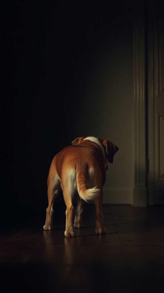 A dog standing with its back turned, suggesting signs of fear or anxiety.