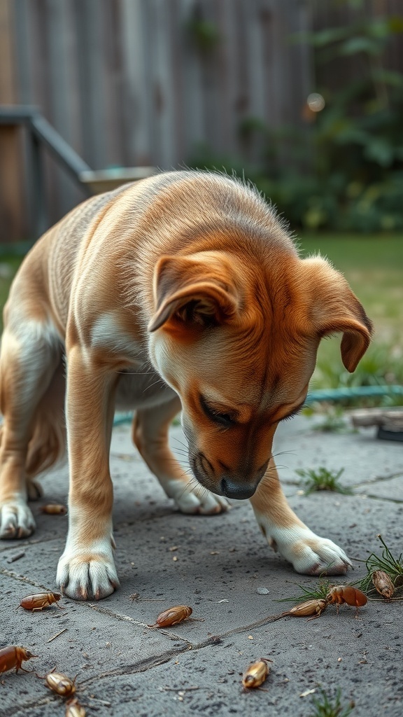 A dog inspecting the ground, possibly noticing fleas.