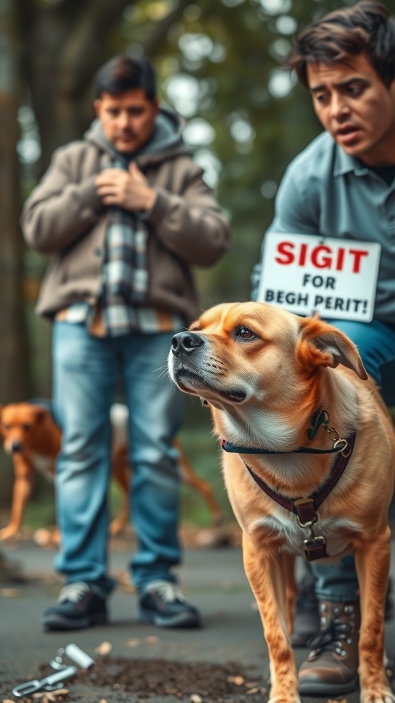 A concerned dog owner looking at their dog, who appears uneasy, indicating potential health issues.