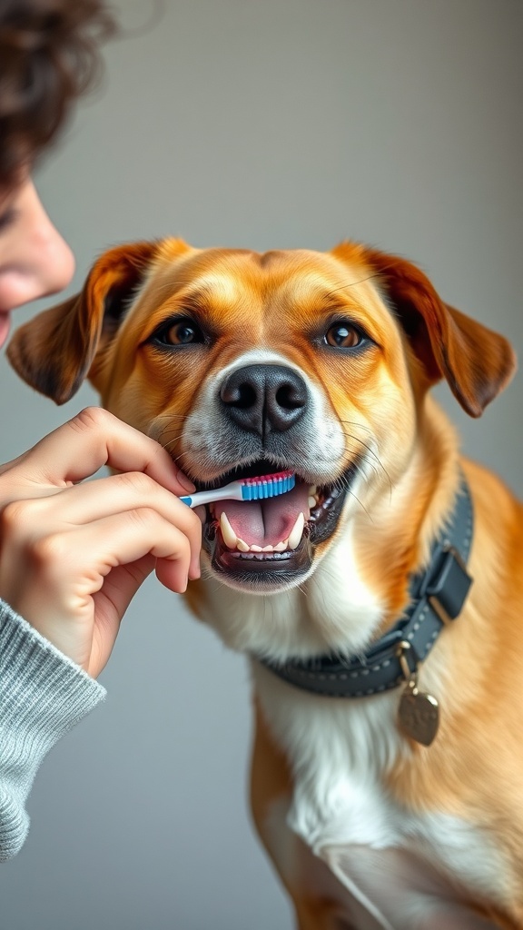 A person brushing a dog's teeth with a toothbrush.