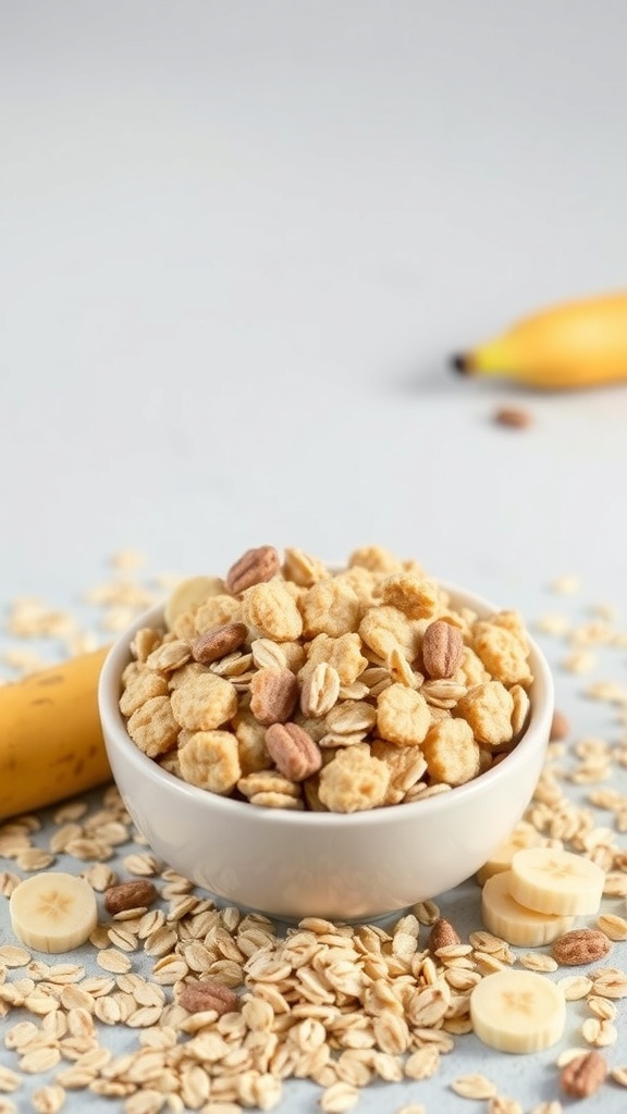 Bowl of oatmeal and banana mix with sliced bananas and oats scattered around