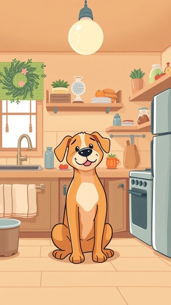A cheerful cartoon dog sitting in a cozy kitchen, surrounded by cooking items.