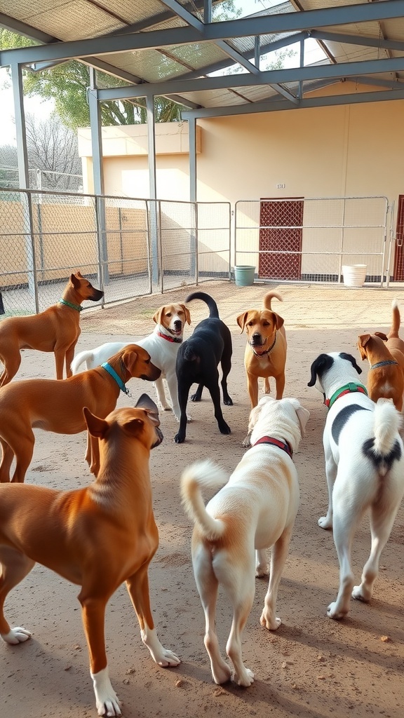 A group of dogs playing in a kennel, showcasing socialization opportunities.