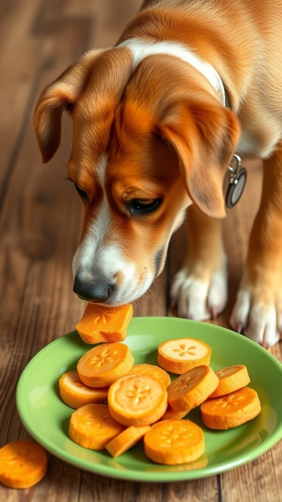 A dog enjoying sweet potato treats on a green plate.