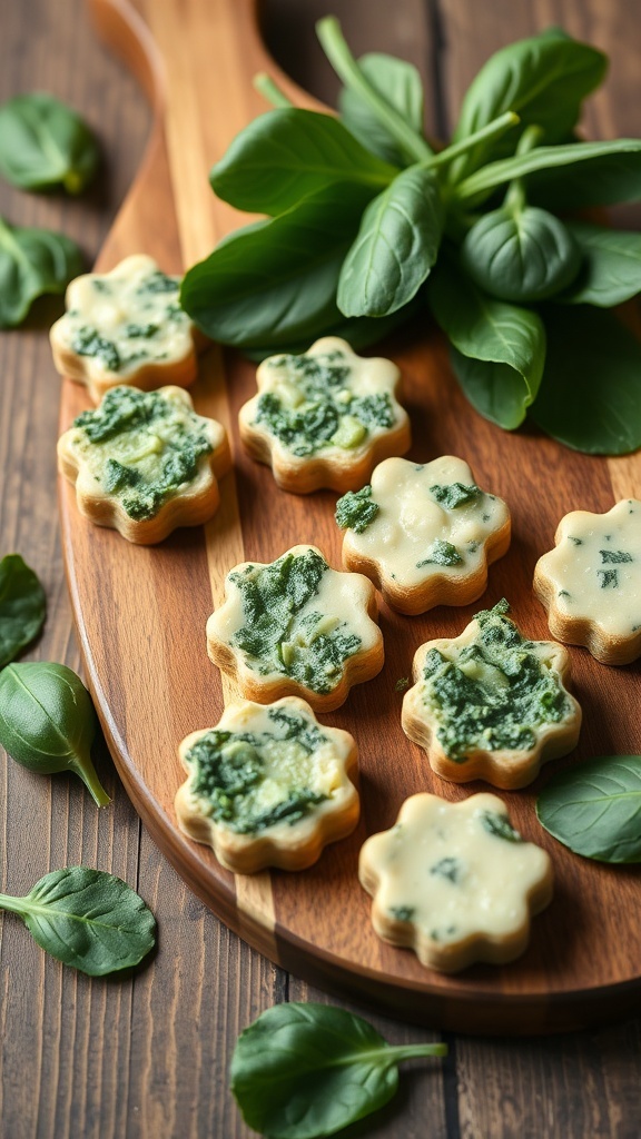 Homemade spinach and cheese dog treats on a wooden board with fresh spinach leaves.