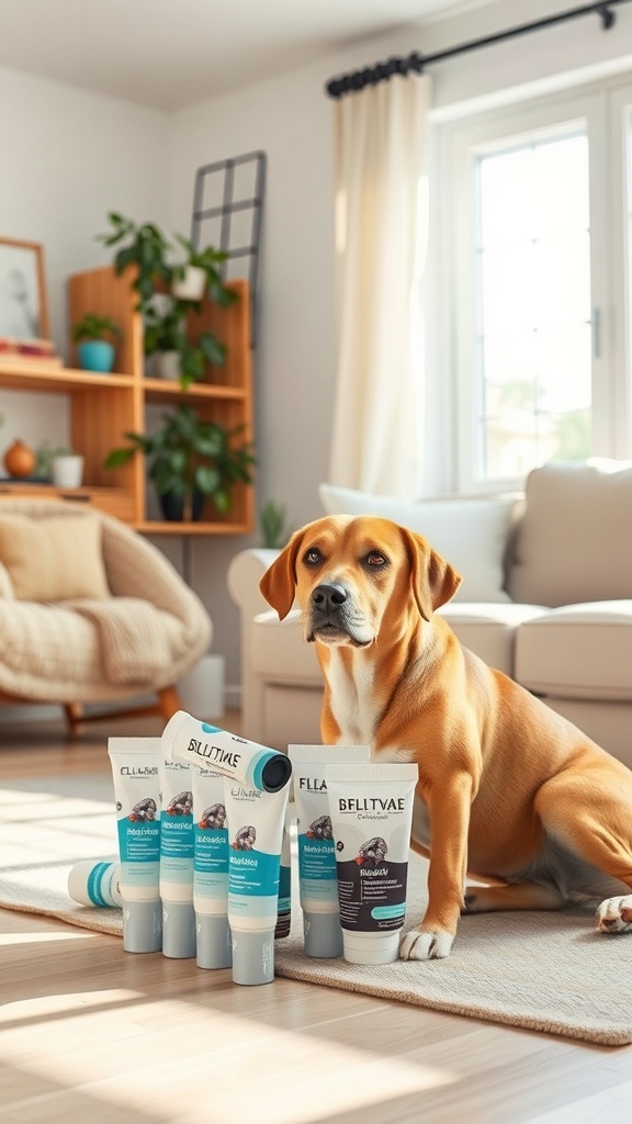 A dog sitting beside various spot-on flea treatment products in a cozy living room.