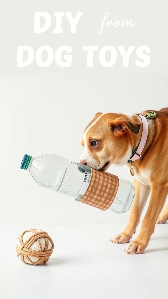 A dog holding a wrapped water bottle toy with a ball beside it.