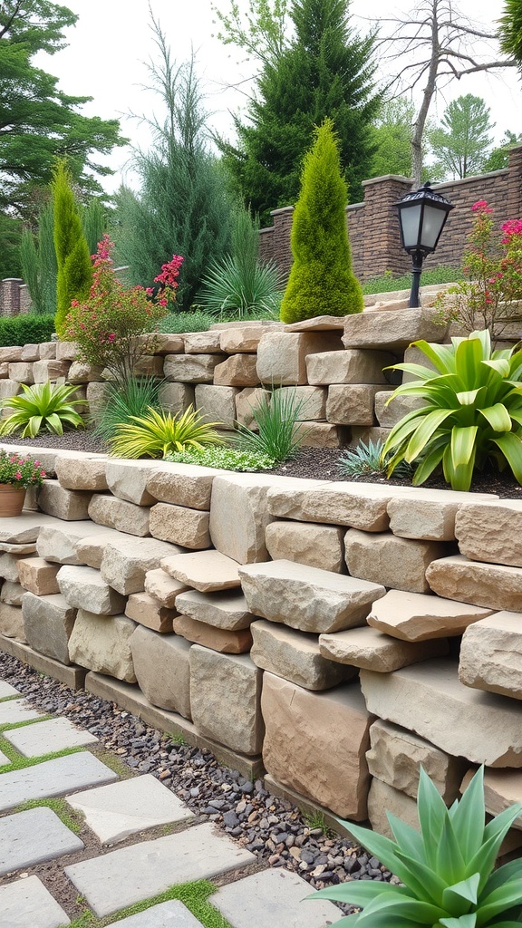 A beautifully designed stacked stone retaining wall with plants and a lantern.