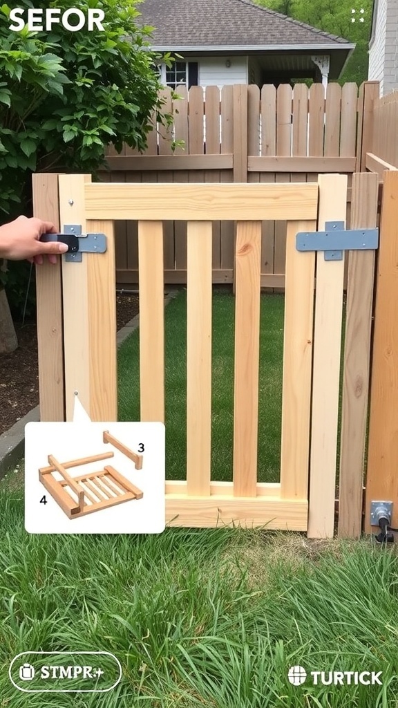 A partially assembled wooden dog gate with metal hinges and a latch, set against a grassy area and wooden fence.