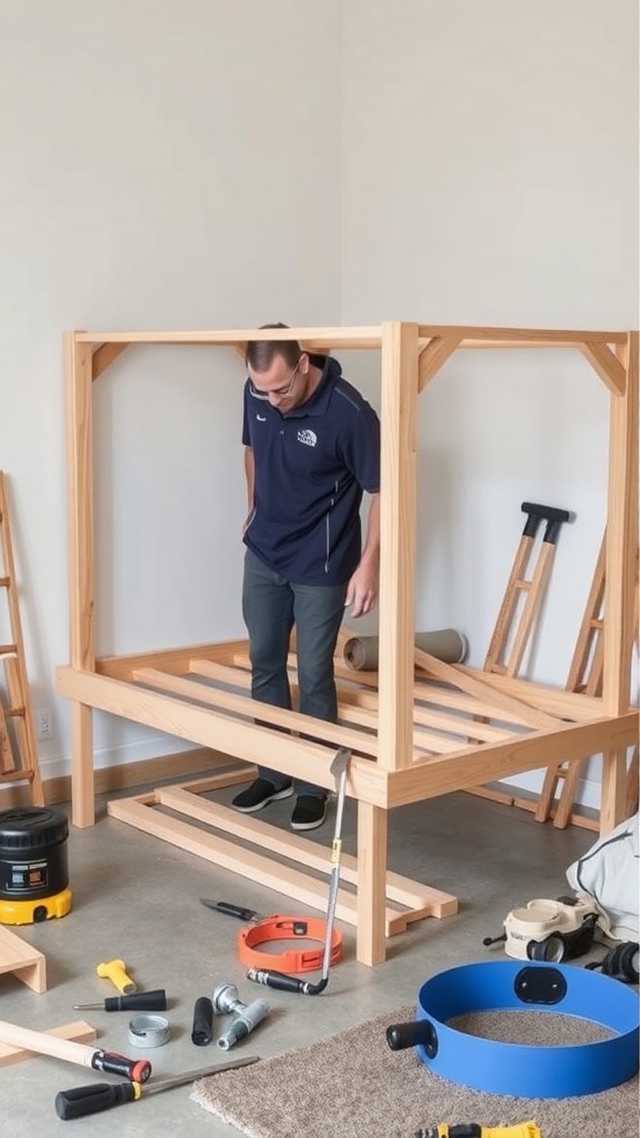A person assembling an elevated dog bed frame in a workshop