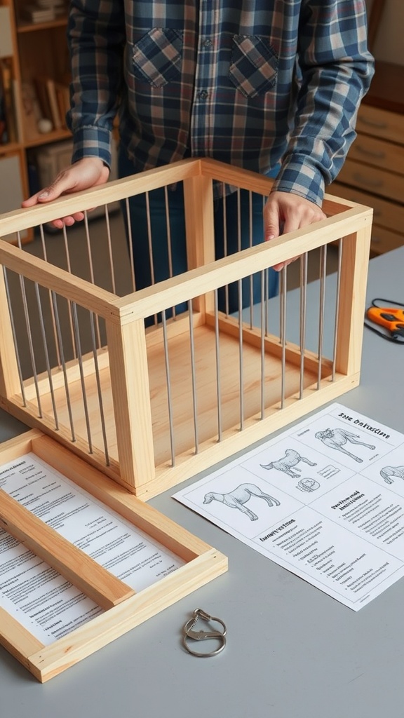 A person assembling a wooden dog crate with metal bars and assembly instructions laid out.