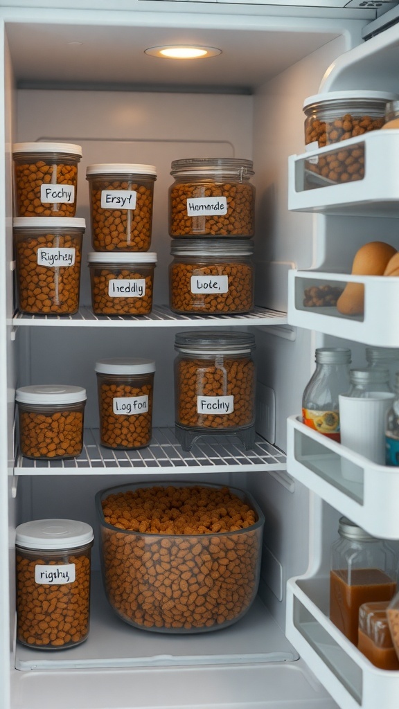 A refrigerator filled with labeled containers of homemade dog food.
