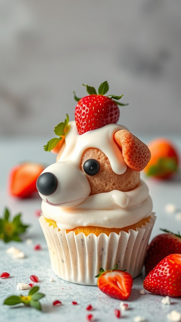 Cute dog cupcake topped with strawberry and yogurt, resembling a dog's face.