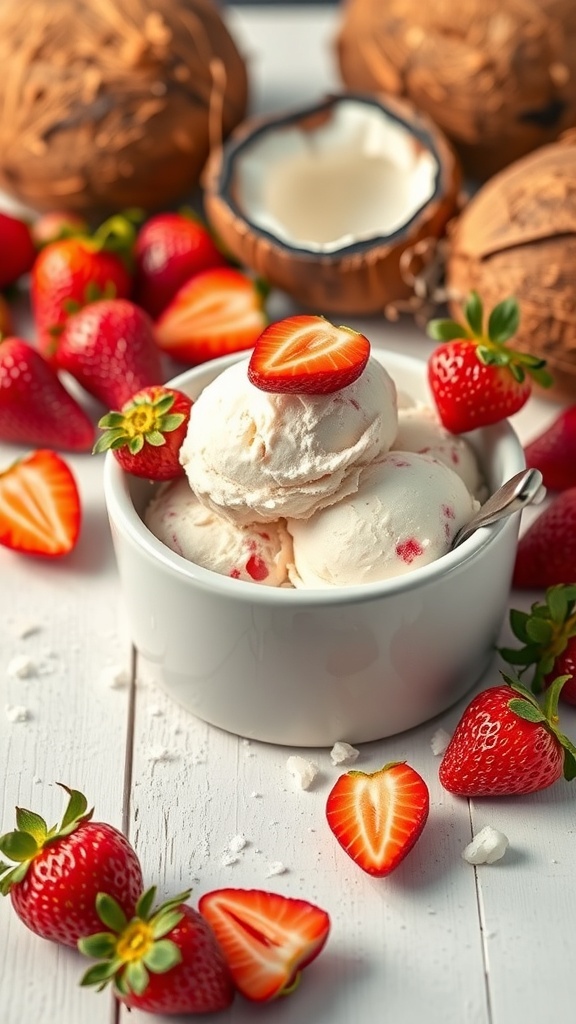 A bowl of strawberry coconut ice cream surrounded by fresh strawberries and coconuts.