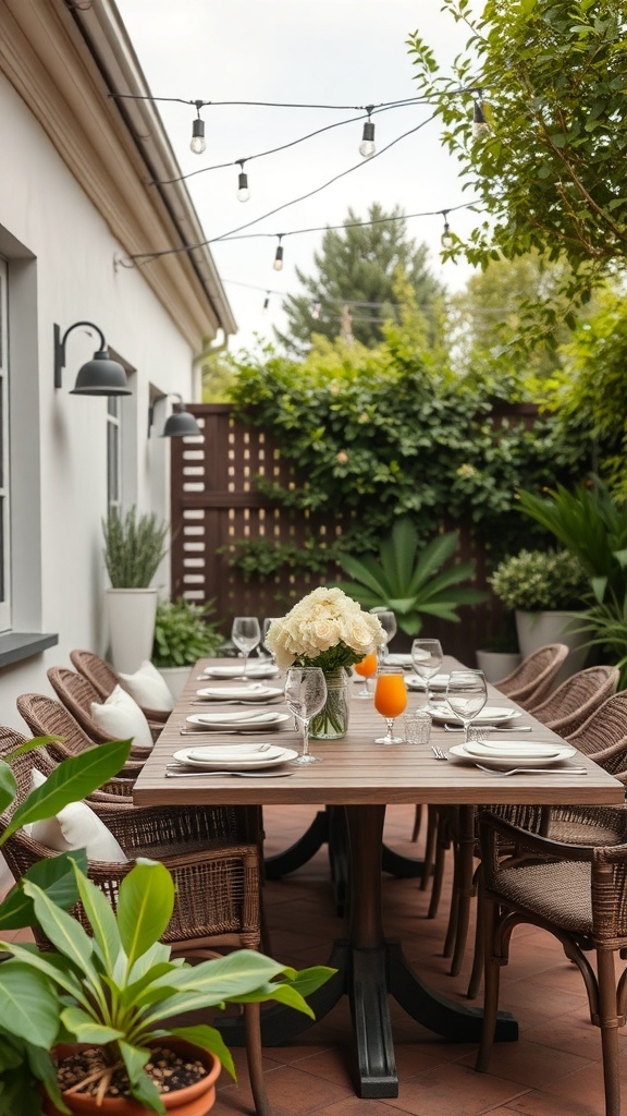 Outdoor dining area with a long wooden table set for a meal, surrounded by rattan chairs and greenery.
