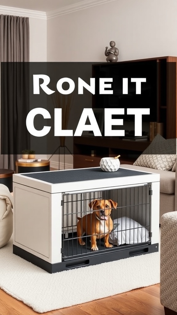 A stylish dog crate that serves as furniture, featuring a cozy interior and a decorative top.