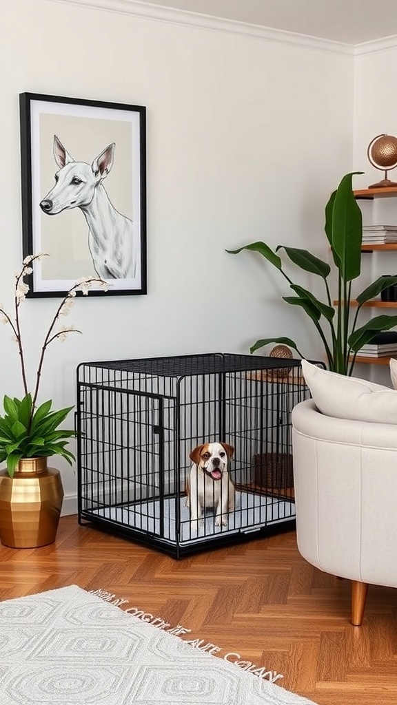 A stylish black dog crate in a modern living room with a dog inside, surrounded by plants and artwork.