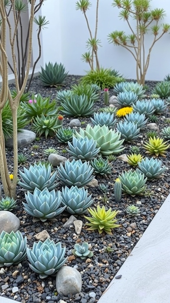 A vibrant succulent garden bed featuring various types of succulents arranged with rocks and pebbles.