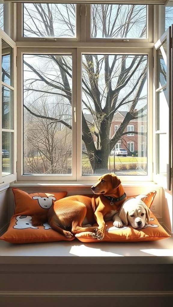 Two dogs relaxing on a sunlit window perch with cushions, looking outside.
