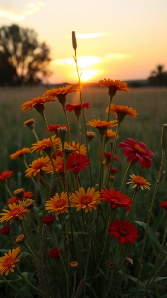 A vibrant wildflower bouquet with red and yellow flowers against a sunset backdrop.