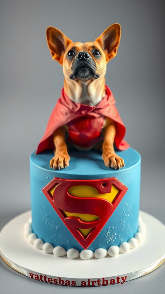 A colorful cake featuring a dog in a superhero cape on top, with a Superman logo on the cake.