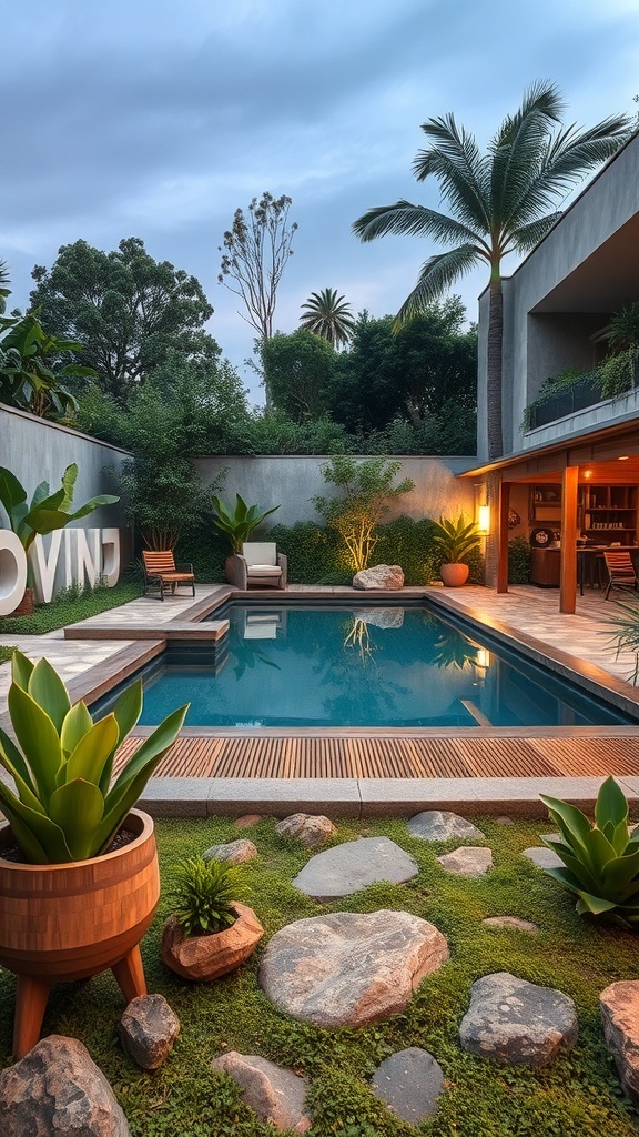 A beautiful pool landscape featuring lush greenery, natural stones, and soft lighting.