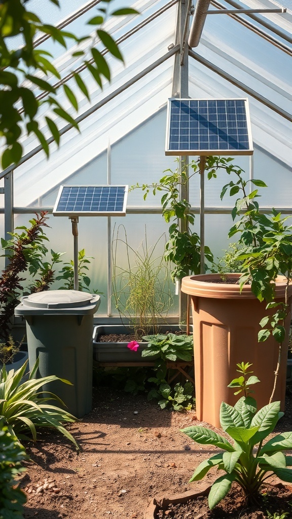A bright backyard greenhouse with solar panels and various plants.