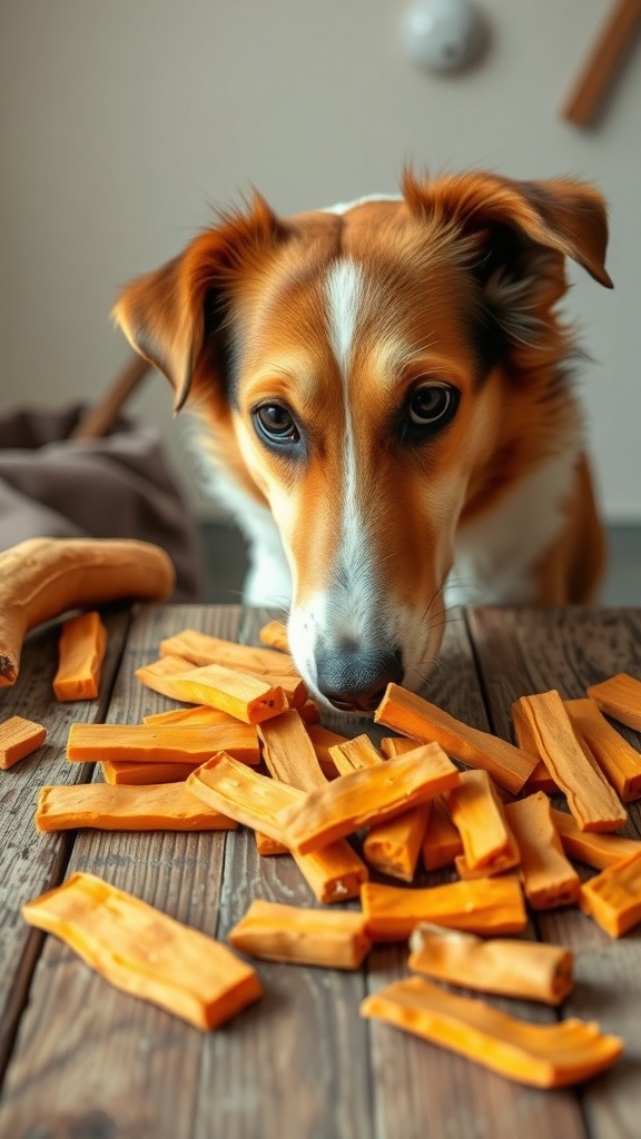 A dog looking at a pile of sweet potato chew strips on a wooden table.