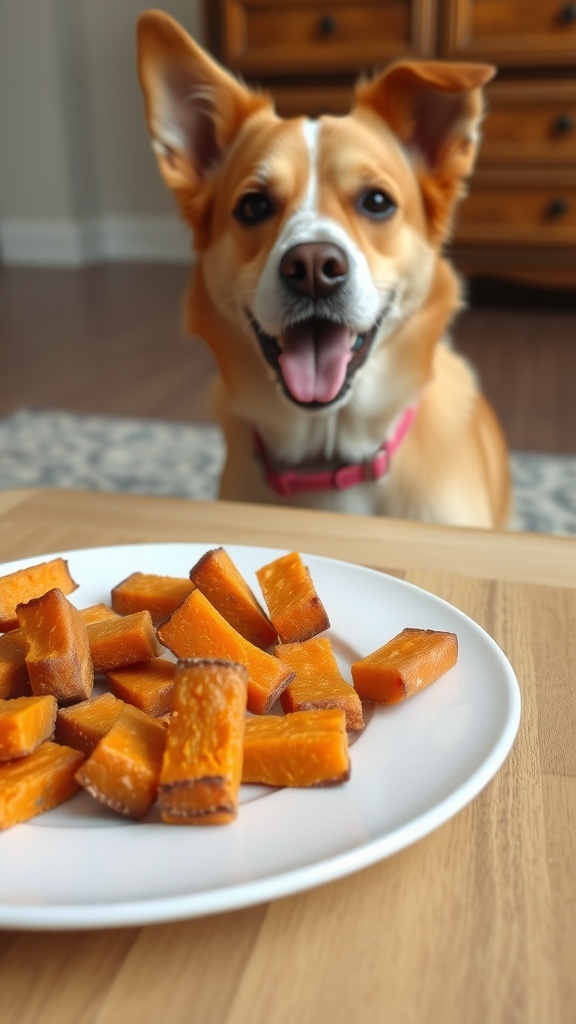 A happy dog looking at a plate of sweet potato chews.