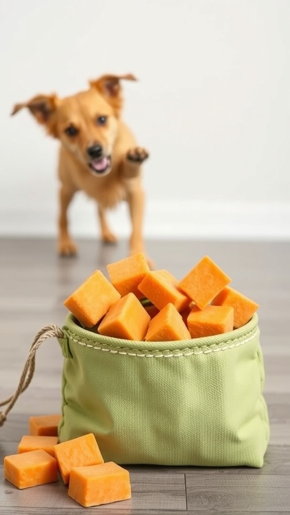 A playful dog reaching for sweet potato treats in a green bag.