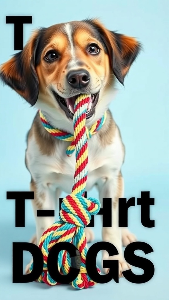 A happy dog holding a colorful T-shirt rope toy in its mouth.