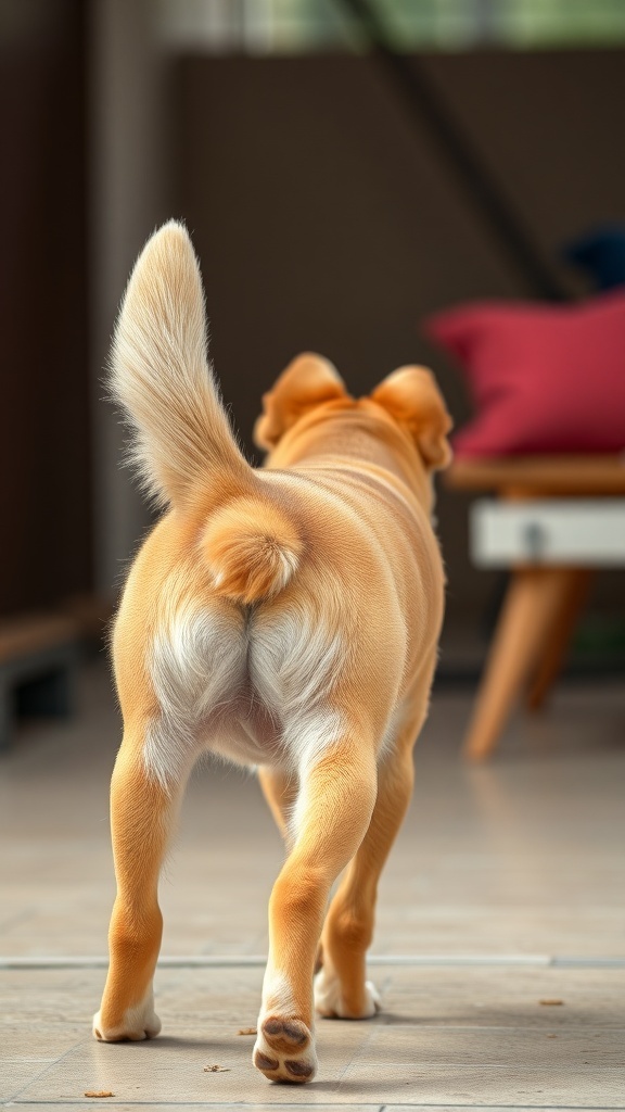 A dog with a raised tail walking away, indicating a friendly and curious demeanor.