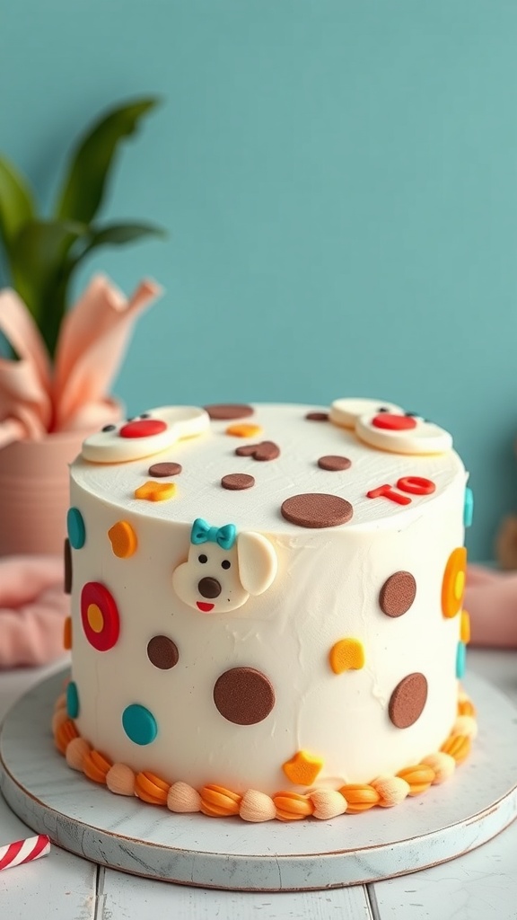 A colorful dog-themed cake decorated with dots and a cute dog face.