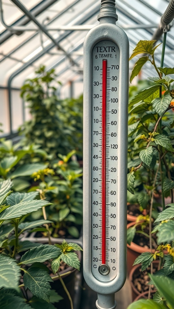 A thermometer in a greenhouse showing temperature readings among various plants.