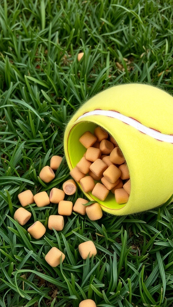 A yellow tennis ball with treats spilling out, resting on green grass.
