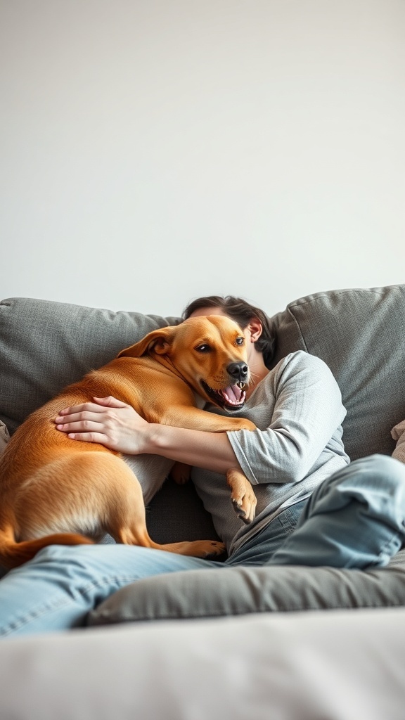 A person cuddling with a dog on a couch, both looking relaxed and happy.