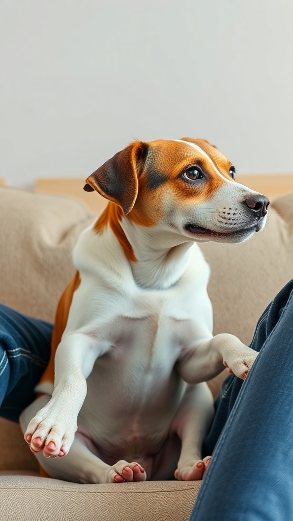 A dog sitting sideways between two legs on a couch, looking comfortable and relaxed.