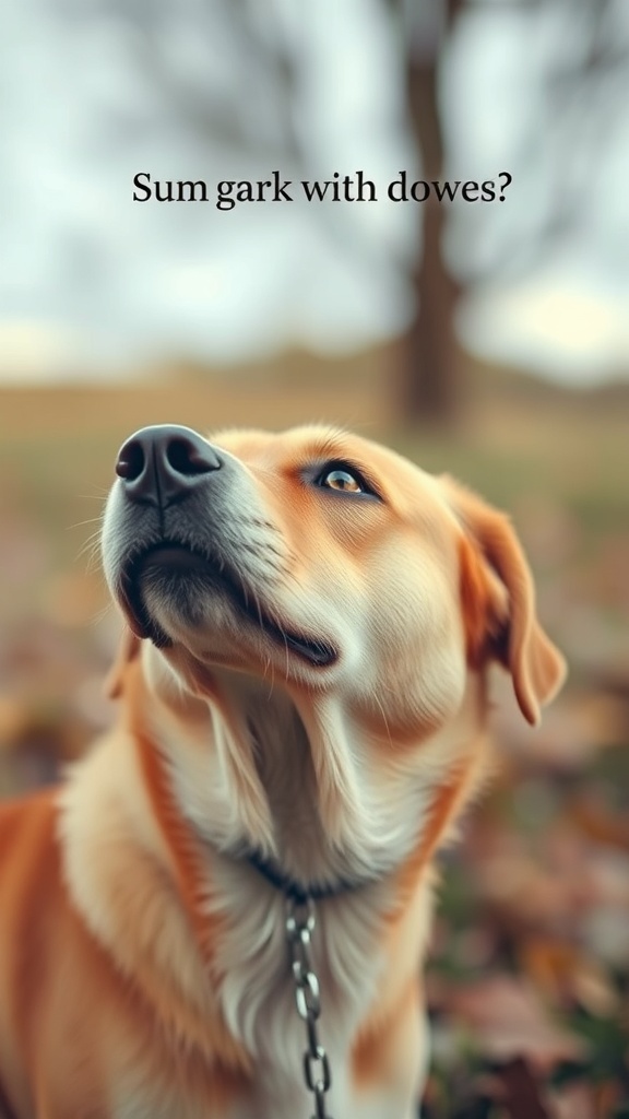 A dog looking up with a curious expression, possibly whining for attention.