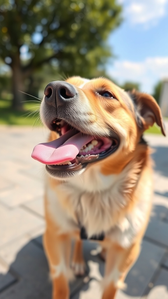 A happy dog with a relaxed mouth and tongue out, enjoying a sunny day.
