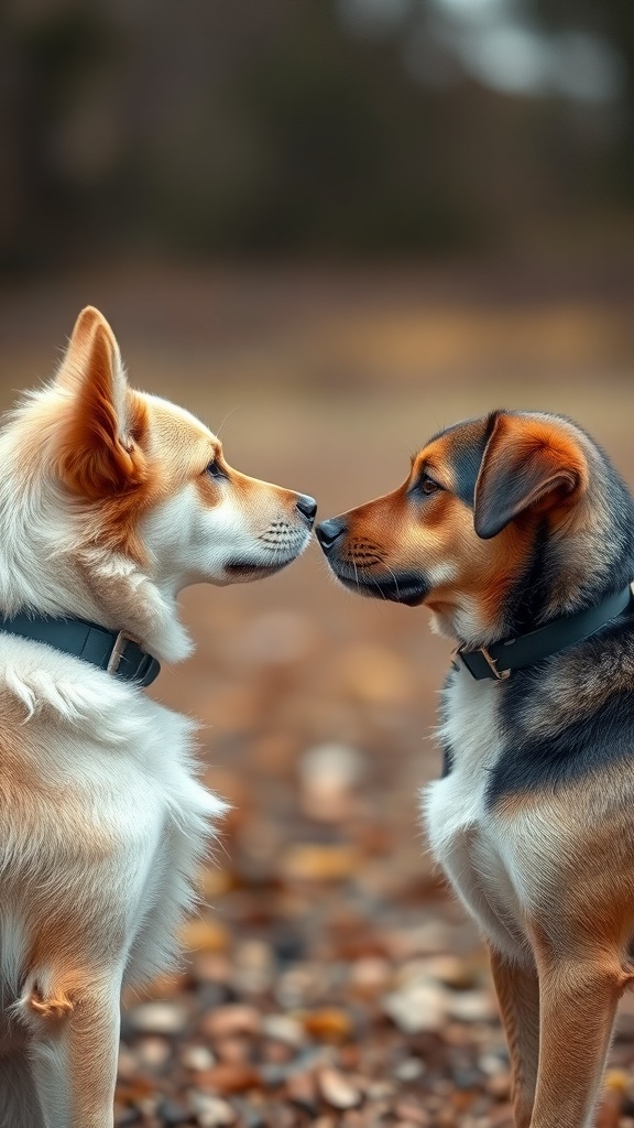 Two dogs making eye contact in a natural setting