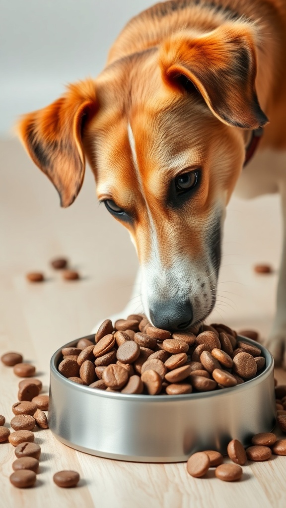 A dog eating from a bowl filled with kibble, surrounded by scattered pieces on the floor.