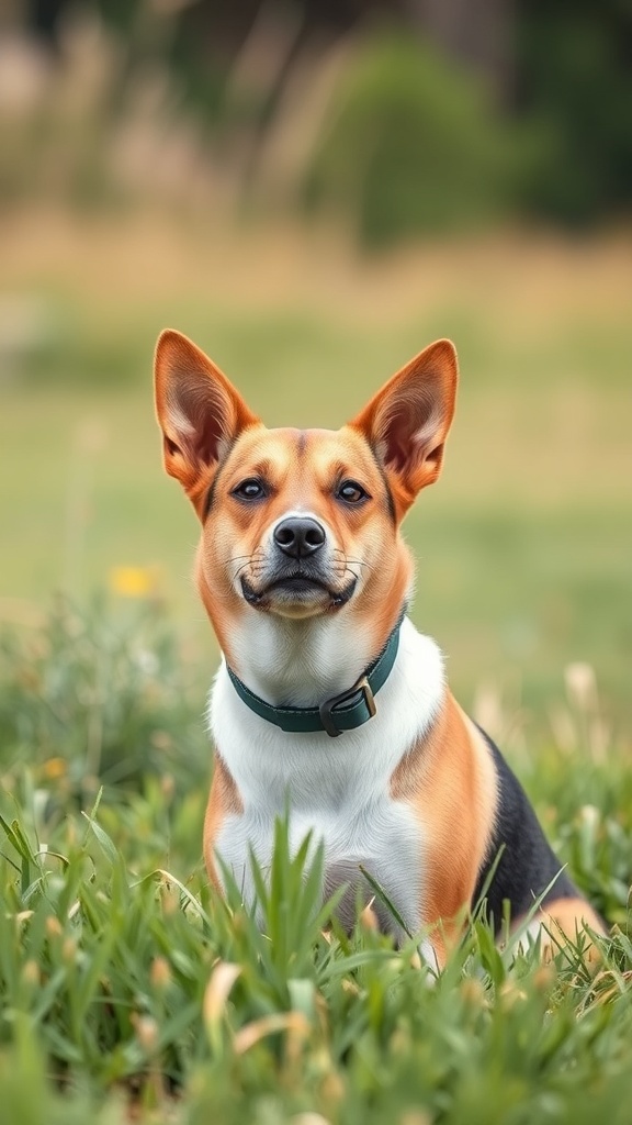 A dog with perked ears sitting in a grassy field, showing curiosity and alertness.