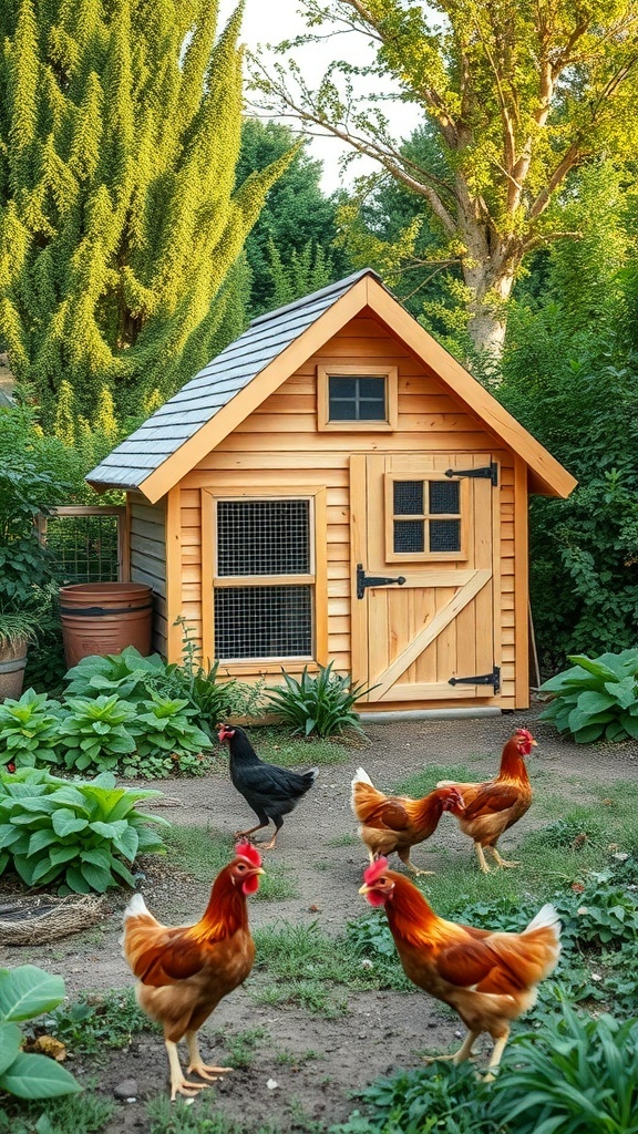 A traditional A-frame chicken coop with chickens around it in a garden setting.