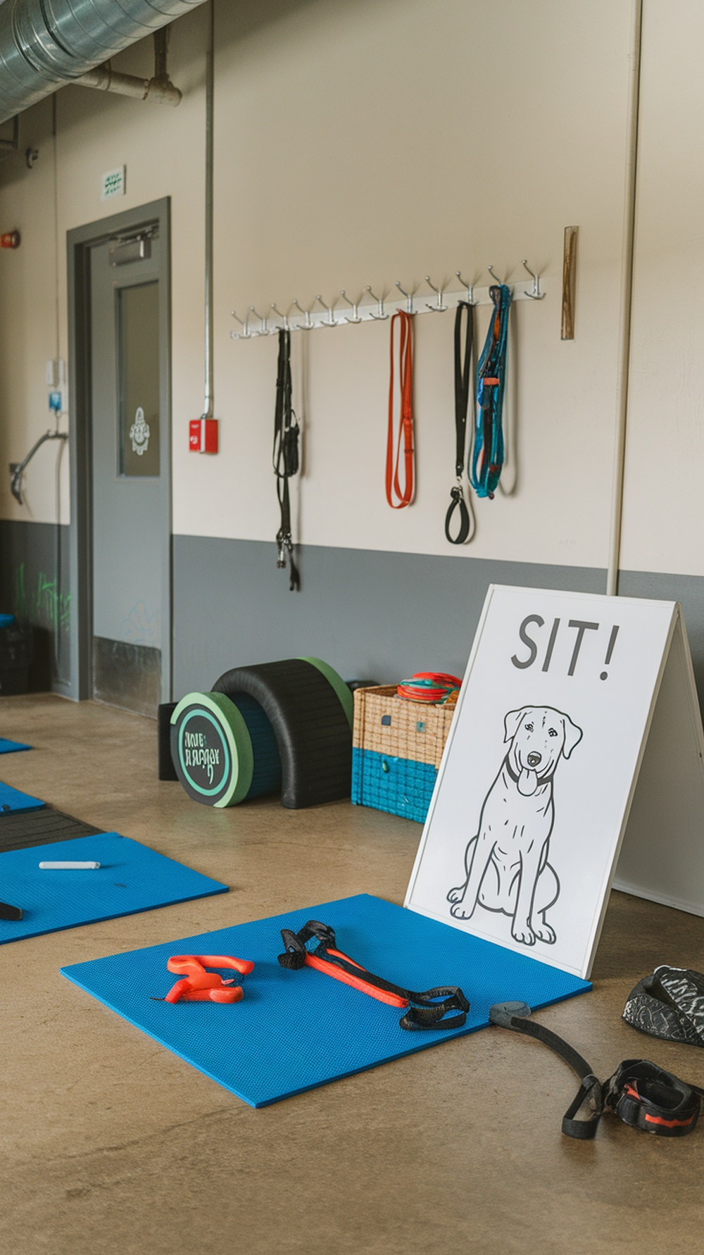 A dog training area with blue mats, leashes on hooks, and a sign that says 'SIT!'