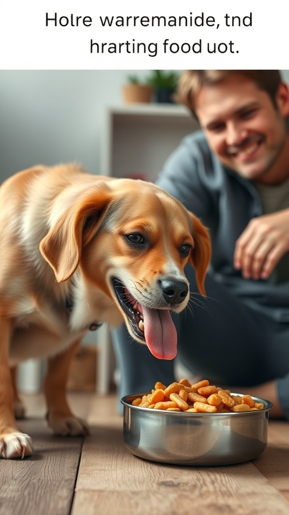 A happy dog enjoying homemade food with its owner nearby.
