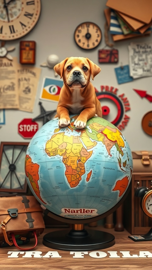 A cute dog sitting on a globe surrounded by travel-themed decor.
