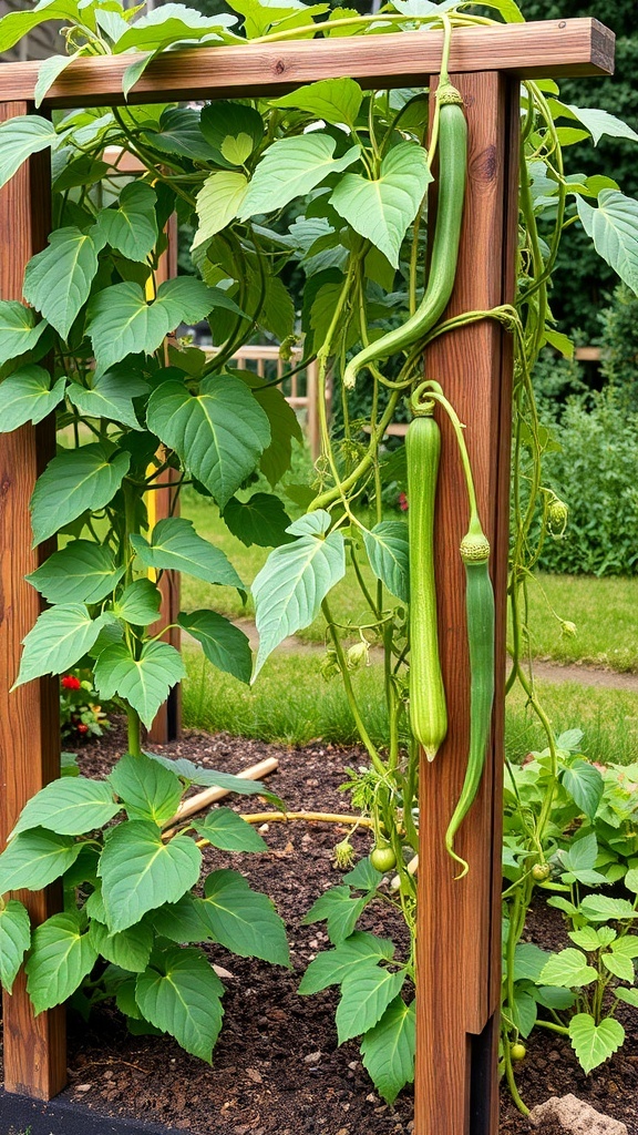 A wooden trellis supporting climbing plants with green leaves and vegetables
